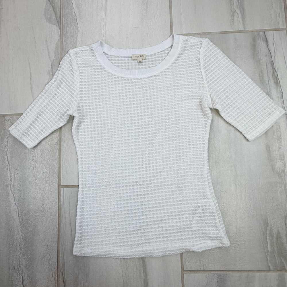 Pilcro White Textured Knit Short Sleeve Crew Neck Top Small Slim Fit